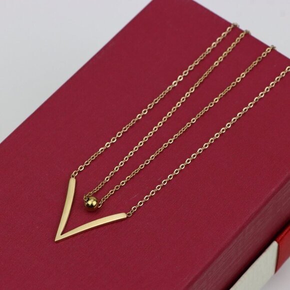 Layered Yellow Necklace with V-Shaped Pendant and Gold Bead, XPNL0370 - Picture 6 of 13